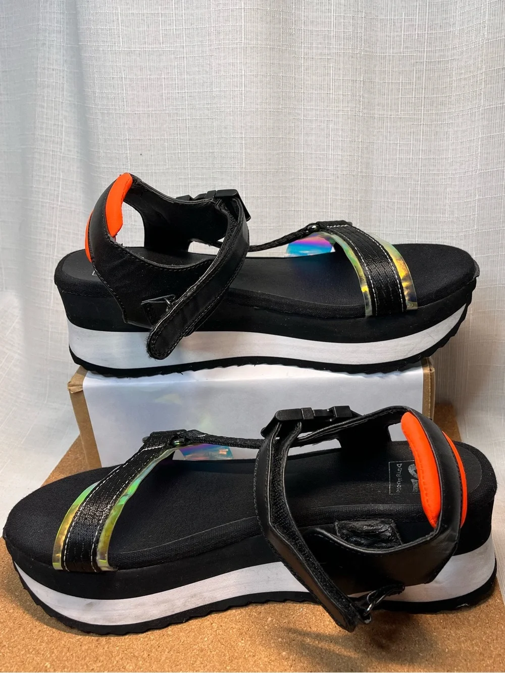 Dirty Laundry Platform Sandals Size 9 Black Holographic Neon Orange Y2K 90s Chun